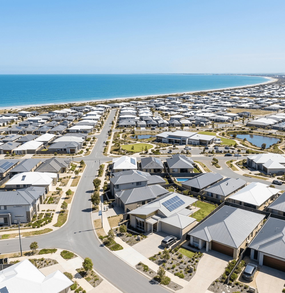 Modern suburban houses with landscaping and solar panels near the coast